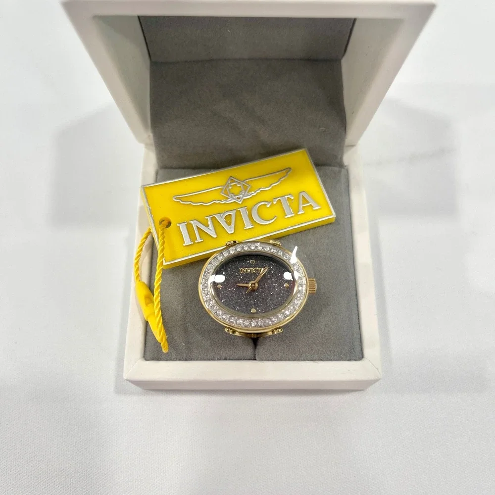 Invicta Angel 49601 Women Gold Tone Crystal Charcoal Glitter Dial Ring Watch NIB